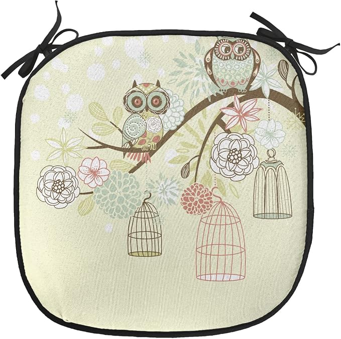 Lunarable Owls Chair Cushion Pad, Winter Floral Background Blossoms Owls Out of Their Cages Birdcage Freedom, Seat Padding for Kitchen & Patio with Anti-Slip Backing, 16"x16", Pale Green Brown White
