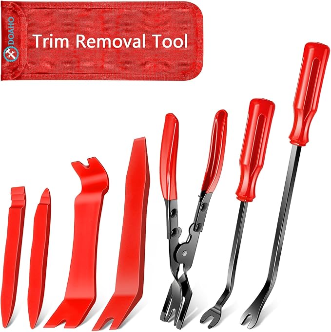 Doaho 7 Pcs Car Trim Removal Tool Kit with Non-Scratch Plastic Pry Tool and Fastener Clip Pliers for auto Safe Interior Car Panel Detachment, Dashboard, Door Clips & Upholstery – Red