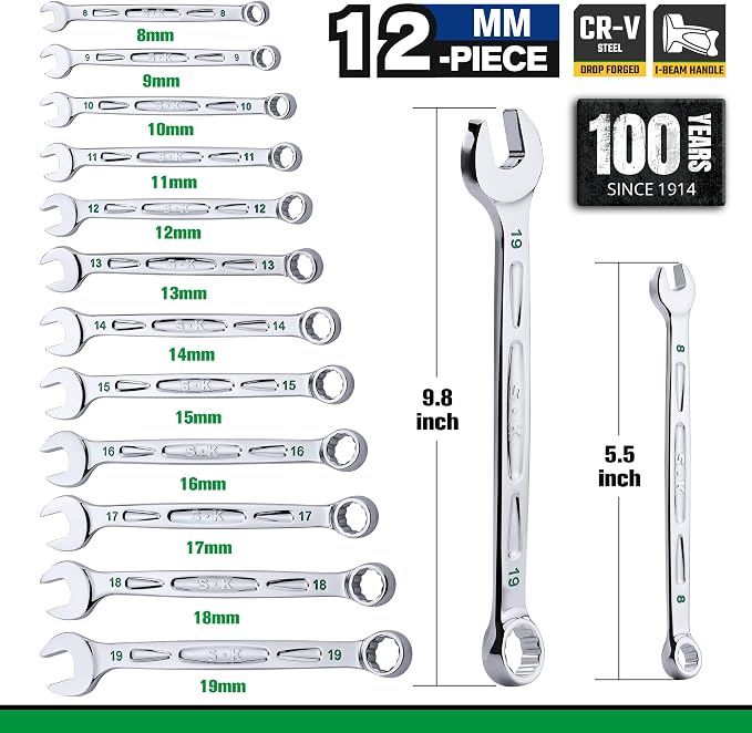 SK Combination Wrench Set, Metric 8 to 19mm, 12-Piece, Premium CR-V Steel | 12-Point, SureGrip Drive Design, 15-Degree Offset End, Drop Forged, SuperKrome Finish, with Rolling Pouch
