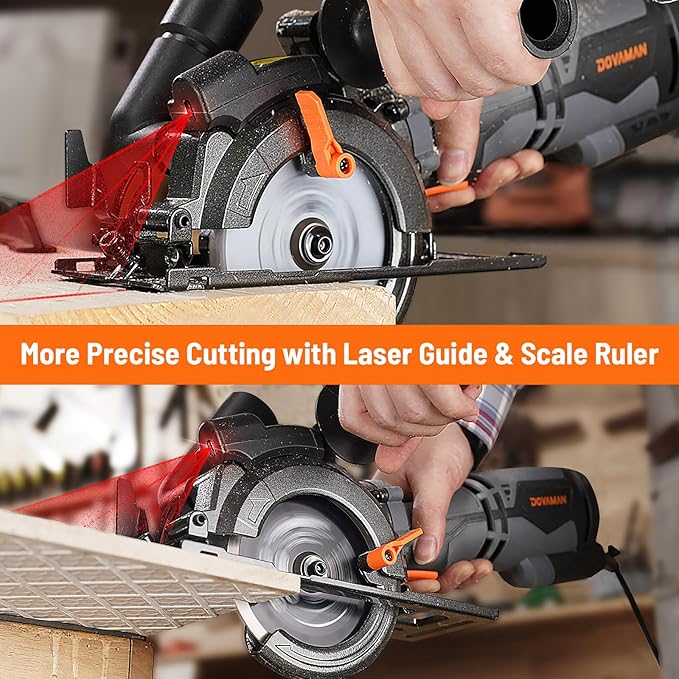 DOVAMAN Circular Saw, 5.8A 4-1/2" Circular Saw w/Laser, Metal Auxiliary Handle, 6 Blades (4½", 4¾"), Cutting Depth 1-11/16" (90°), 1-3/8" (45°), Ideal for Wood, Soft Metal, Plastic, Tile - MCS01A