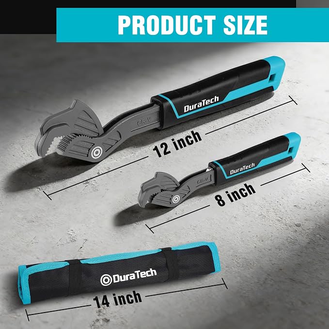 DURATECH 2-Piece Self-Adjusting Wrench Set, 8" & 12" Pipe Wrenches | Adjustable Size 3/8"-1-5/8"(9-41mm), Cr-V Steel, Non-Slip TPR Handle, Pouch, For Home Repair, Mechanic and DIY Projects
