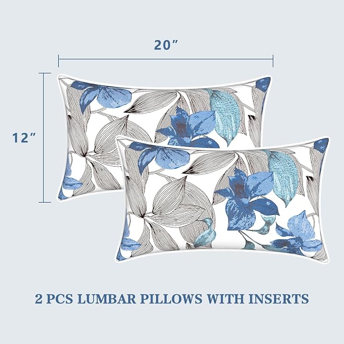 LVTXIII Set of 2 Outdoor Lumbar Pillows for Patio Furniture with White Piping, 12"x20" Fade Resistant Patio Lumbar Pillows with Inserts for Home Coach Sofa Use, Clemens Noir Blue