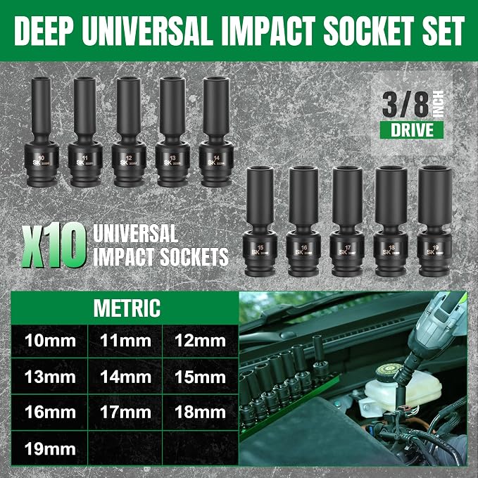 SK 3/8" Drive Universal Impact Socket Set, Deep Swivel Impact sockets | Metric 10-Piece, 10, 11, 12, 13, 14, 15, 16, 17, 18 and 19 mm, Premium CR-MO Steel, SureGrip 6 Point, With Storage Rail
