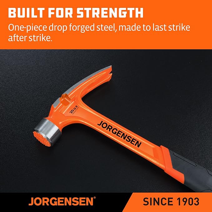 Jorgensen 20 oz Straight Claw Hammer with Magnetic Nail Holder, Rip Claw Hammer with Milled Face, Side Nail Puller, Shock Absorbing Grip, Heavy Duty One-piece Forged Hammer
