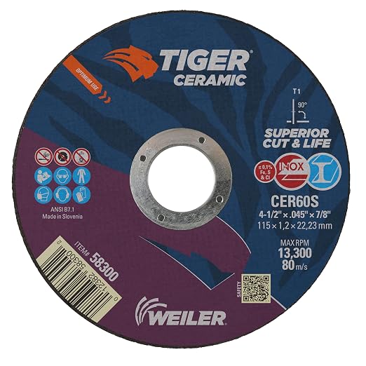 Weiler 58300 4-1/2 Inch Cutting Wheel, Tiger Ceramic Stainless Steel Superior Life & Cut Contaminant Free Max Performance Cutting, .045" CER60S Type 1 7/8" Arbor, Pack of 25