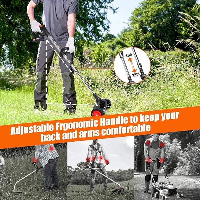 Electric Weed Wacker Cordless, 21V Lightweight Stringless Weed Wacker, Weed Trimmer, 3-in-1 Grass Trimmer/Brush Cutter/Edger, with Wheels,2pcs Batteries&4 Types Blades for Thick Weeds&Yard Garden