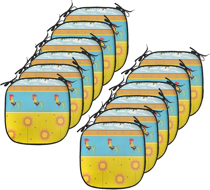 Lunarable Gallus Chair Cushion Pads Set 12, Rooster Pattern with Sunflowers Summer Greenery Sky Floating Clouds Clipart, Anti-Slip Seat Padding for Kitchen & Patio, 16"x16", Earth Yellow Blue
