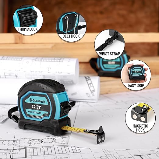 DURATECH Magnetic Tape Measure 12FT with Fractions 1/8, 2 Pack Retractable Measuring Tape, Easy to Read Both Side Measurement Tape, Magnetic Hook and Shock Absorbent Case for Construction, Carpenter