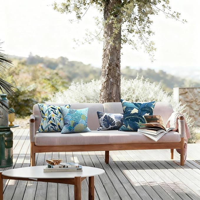 LVTXIII Outdoor Throw Pillows, Decorative Throw Pillows with Inserts, 20"x20" Square Pillows for Bed, Couch, Sofa and Patio Furniture, Set of 2, Swaying Palms Blue