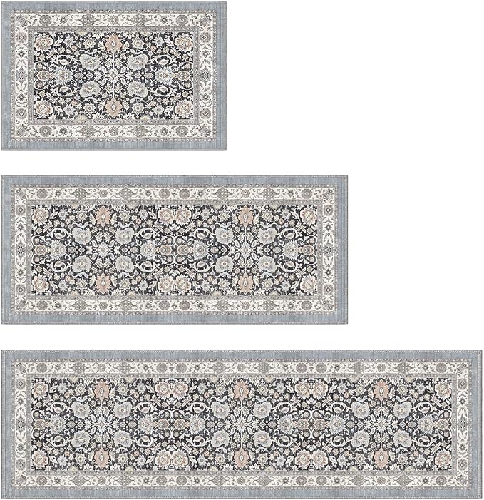 Color&Geometry Vintage Kitchen Rugs Sets of 3, Machine Washable 4mm Ultra Thin Stain Resistant Kitchen Floor Mats, Non Slip TPE Backing Runner for Sink,Hallway,Laundry,Entryway (2x3+2x5+2x7)