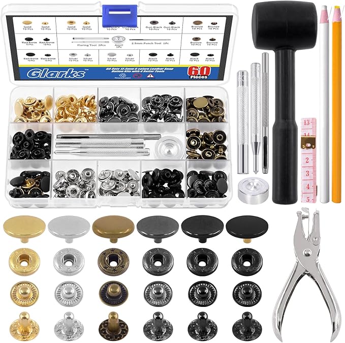 Glarks 60 Sets Leather Snap Fasteners Kit, 12.5mm 6 Colors Metal Snap Buttons Press Studs with 8Pcs Hole Punch, Hammer, Setting Tools, Grease Pencils and Tape Measure for DIY Leather Craft