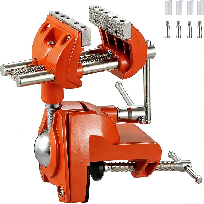 360° Swivel Clamp Bench Vise with Post, Orange for Woodworking DIY