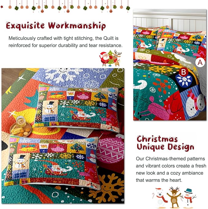 Merry Christmas Patchwork Green Quilt Set King- Santa Claus Gift Snowman Checkered Printed Holiday Bedding Set - Soft Microfiber Lightweight Comforter Coverlet Bedspread(Gift, King(90"x104"))