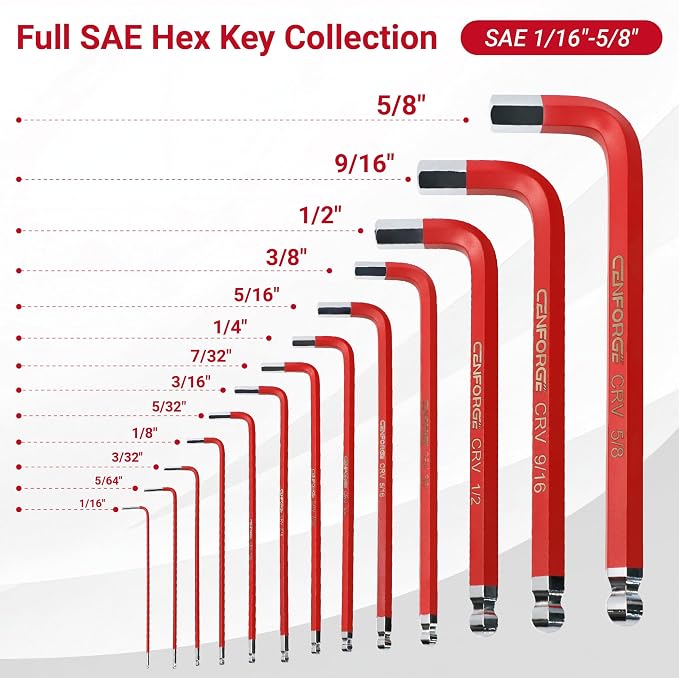 13-Piece Jumbo SAE Hex Key Set (1/16” – 5/8”) – Extra Long Arm Ball End Allen Wrenches – Heavy Duty CR-V Steel L-Keys for Automotive, Industrial & Machinery Repair