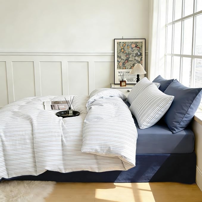 Sedefen Blue Striped Duvet Cover 3 Pcs, Grey White Stripe Bedding Set with 2 Pillowcases, Modern Minimalist Stripes Soft Breathable Microfiber Duvet Cover Set for All Season