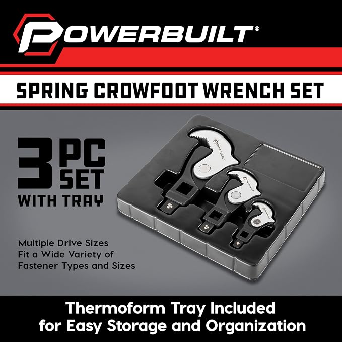 Powerbuilt 3 Piece Spring-Loaded Crowfoot Wrench Set, Adjustable, Auto Size, Universal Wrench, Self-Adjusting, Power Grip, Storage Tray - 642963
