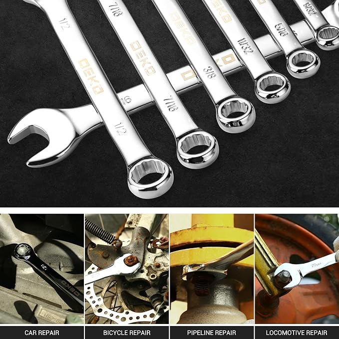 DEKOPRO Combination Wrench Set, SAE, 15-piece, 1/4'' to 1'', 12-Point, Chrome Vanadium Steel, with Plastic Tray