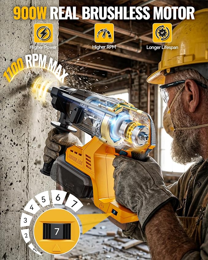 MtiolHig 1" SDS-Plus Cordless Rotary Hammer Drill Compatible with DEWALT 20V Battery, 3J Impact Energy Brushless Motor, 7-Speed Variable 4-Mode with 5 Chisel/Bit Set for Concrete/Masonry, Tool Only