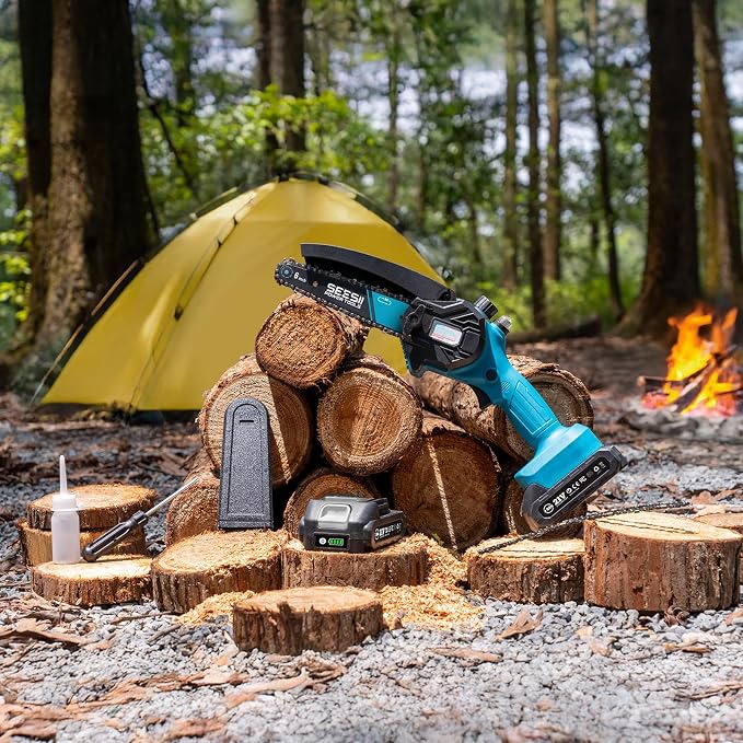 SEESII 6-Inch Mini Chainsaw Cordless with Oiler System | 2x2000mAh Batteries, Handheld Electric Chain Saw with Safety Lock, Battery Powered Chainsaw for Wood Tree Cutting, M6 Plus