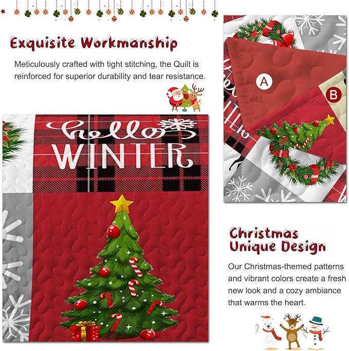 Merry Christmas Patchwork Quilt Set King- Santa Claus Snowman Tree Snowflakes Checkered Printed Holiday Bedding Set - Soft Microfiber Lightweight Comforter Coverlet Bedspread(Car, King(90"x104"))
