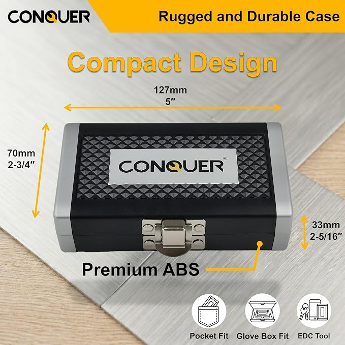 CONQUER 21-Piece 1/4" Drive Mini Ratchet Spline Socket Set, SAE/Metric | 72-Tooth Dual Head Ratchet, Quick Release & Spin Disc, CR-V Spline Sockets 6-13mm, S2 Bits, Knurled Grip, Portable Kit