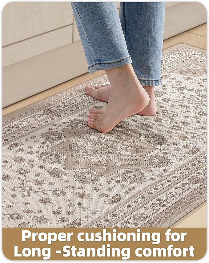 Color&Geometry Kitchen Floor Mats Anti Fatigue, Cushioned Boho Rugs,Waterproof Non Slip Kitchen Runner for Sink, Standing Mats for Office,24"x87",Beige(2.0 Version)