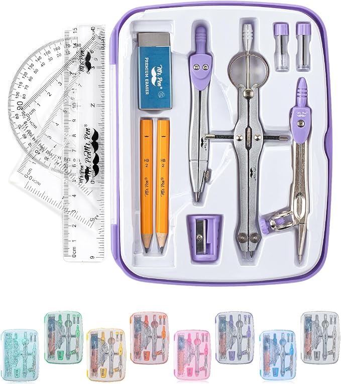 Mr. Pen- Geometry Set, 13 pcs, 3 Metal Compasses, Protractor, 6" Ruler, 45° & 30°/60° Set Squares, Pencils, Lead Refills, Sharpener & Eraser for Math, Drafting & Classroom Use