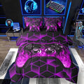 Game Consoles 7 Piece Comforter Set Full Bed in a Bag,Neon Geometric Bedding Set,3D Geometric Gamer Comforter and Sheet Set Purple Flame Bed Set,Gaming Decor for Boys Bedroom Gamer Gifts
