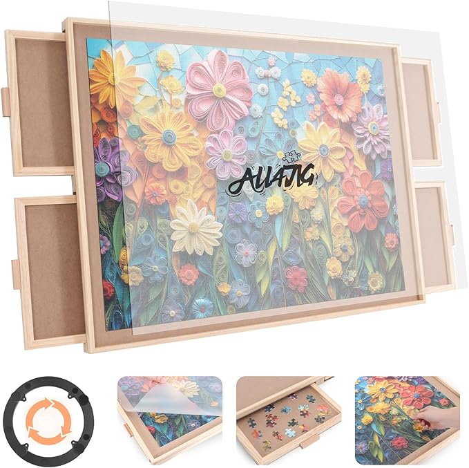 ALL4JIG 1000 Piece Rotating Puzzle Board with 4 Drawers 22.44"x30.16"Portable Wooden Jigsaw Puzzle Table for Adults,Lazy Susan Spinning Puzzle Boards Birthday Gift for mom,Surface for Lego Building