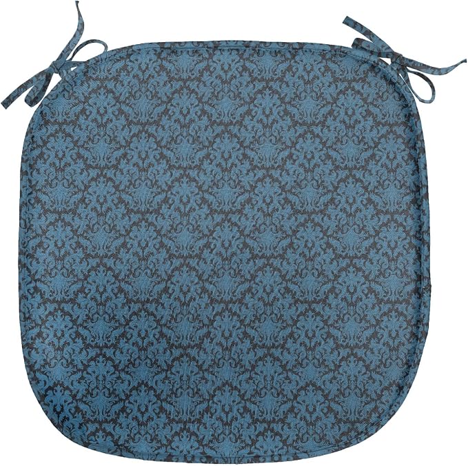 Lunarable Damask Blue Chair Seating Cushion, Repetition with Rococo Inspired Royal Style Ornamental Pattern, Anti-Slip Seat Padding for Kitchen & Patio, 16"x16", Dark Grey and Turquoise
