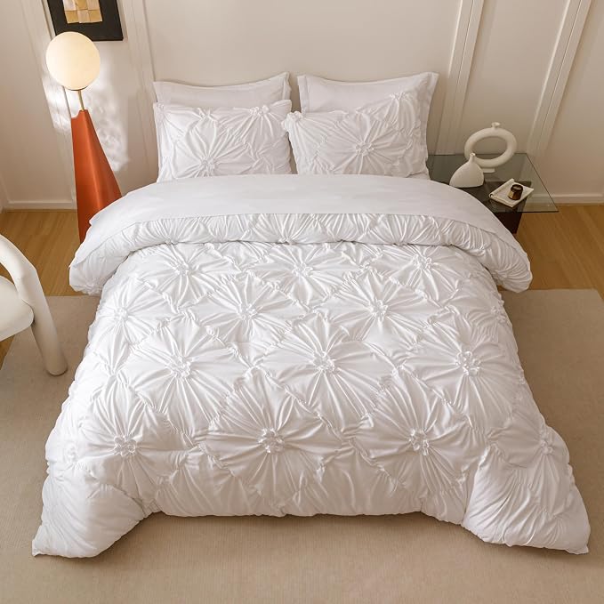 Nttopship White King Comforter Set - 7 Pieces Bed in a Bag, Premium Comforters King Size Bed Set Pintuck Pinch Pleat Complete Comforter Set with Flat Sheet, Fitted Sheet and Pillowcases,White