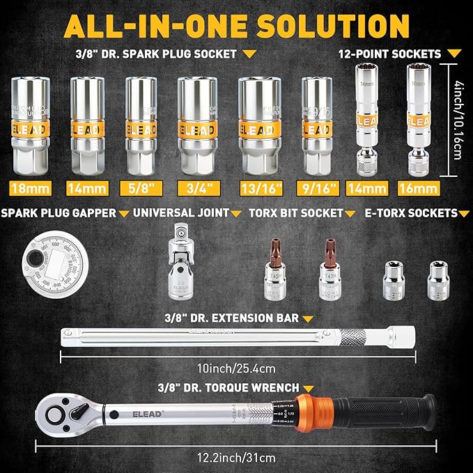 16-Piece Spark Plug Socket Set, 3/8" Drive Swivel Magnetic Spark Plug Removal Tool Kit with Torque Wrench (5–45 lb-ft), E-Torx & Torx Bit Sockets, Extensions & Universal Joint