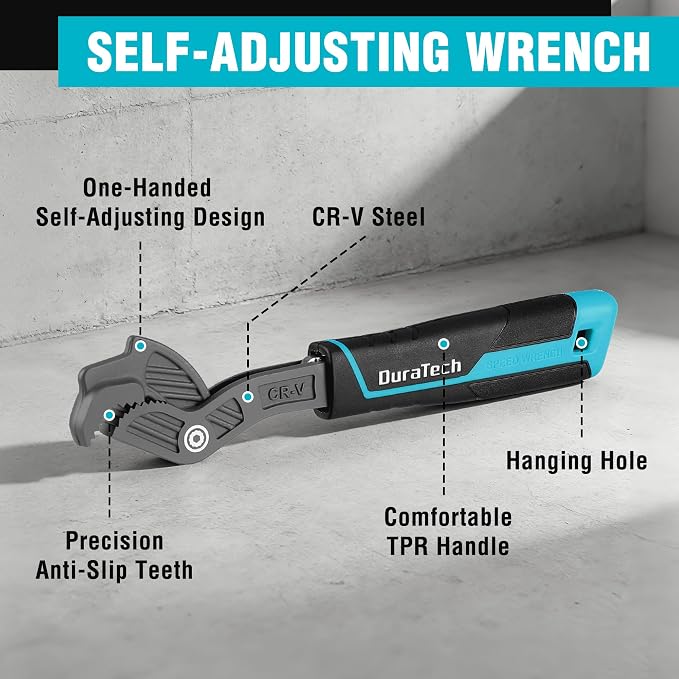 DURATECH 8-Inch Self-Adjusting Wrench, Multifunctional Self-Locking Wrench | Adjustable Size 3/8"-1"(9-25mm), Cr-V Steel, Non-Slip TPR Handle, Versatile Tool For Home Repair, Mechanic and DIY Projects