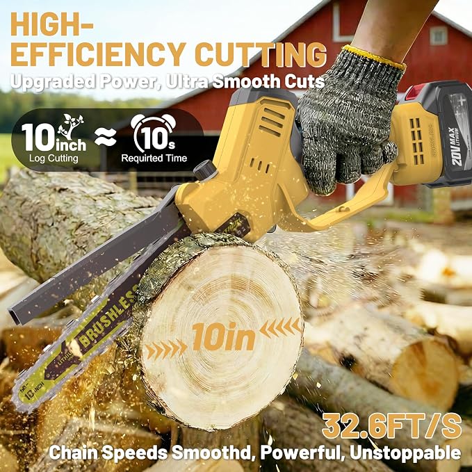 MGYM Electric Chainsaw, 10 Inch Handheld Cordless Chainsaw with 2x4.0A Batteries 2 Chains and Charger, Tool Free Auto-Oiling Battery Powered Chainsaw for Tree Trimming Wood Cutting Yard Work (Yellow)