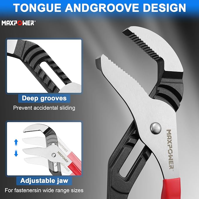 MAXPOWER 16-inch Groove Joint Pliers, 3.34-inch Jaw Opening | Straight Jaw Pump Pliers, 90° Serrated Teeth, Forged Steel