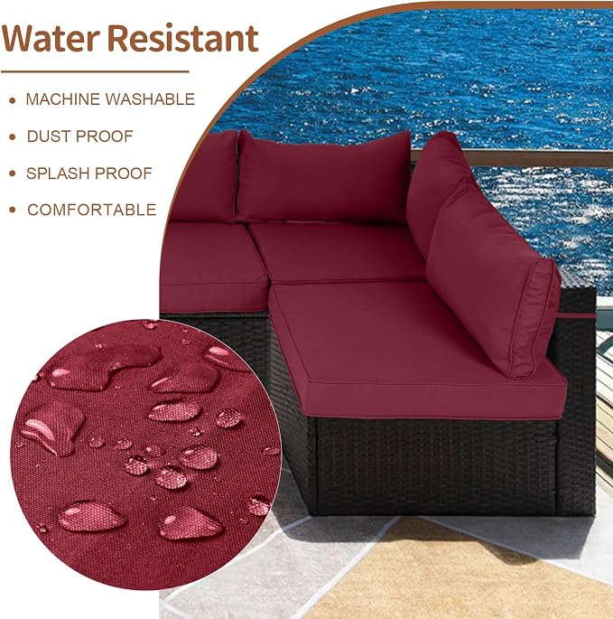 14 Piece Outdoor Patio Cushion Covers Replacement, Waterproof Outdoor Furniture Cushion Covers, Fit 7 Pcs 6 Seater Wicker Rattan Conversation Sofa Set,Burgundy(Only Cover) 25.6x25.6