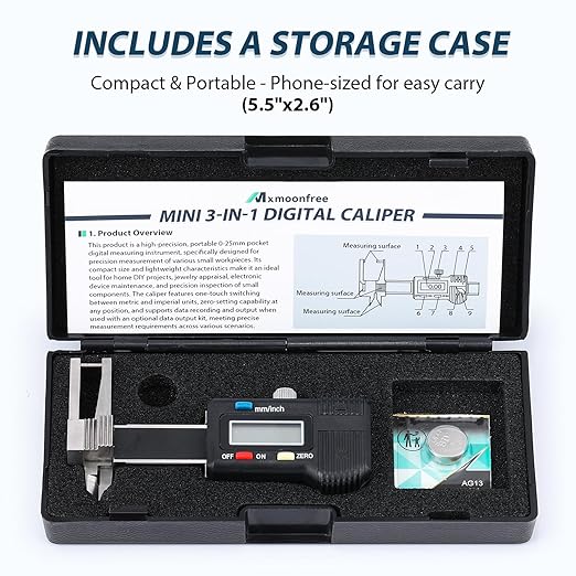 Mini Digital Caliper 3-in-1, 0-25mm Precision Measuring Tool | Large LCD Display, Zero Setting Function, Inch Metric Fraction Conversion, Extra Battery, Protective Case