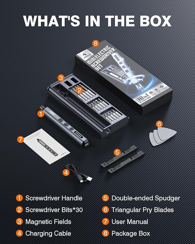 JOREST Mini Electric Screwdriver, Small Cordless Precision Screwdriver set with 38 Magnetic Bits, 5 Torque Settings, Repair Tool for iPhones, Laptop, Drone, Game Console, Camera; Gift for Father