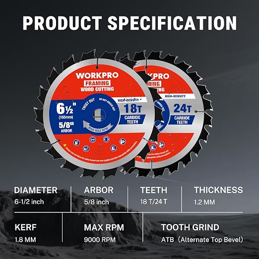 WORKPRO 6-1/2 Inch Woodworking Circular Saw Blades, 18T/24T Framing & Fast Ripping, Thin Kerf, Carbide Tipped, ATB Tooth, 2-Pack