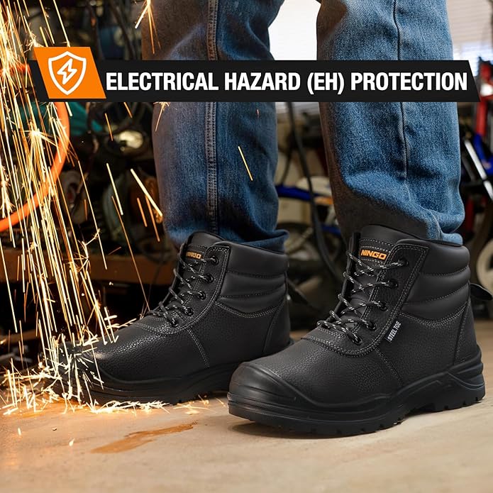 NINGO Steel Toe Work Boots for Men, Non Slip & Puncture Resistant Construction Boots with Breathable Lining, EH Protection, Comfortable Mens Safety Leather Work Shoes for Industrial, Walking Warehouse