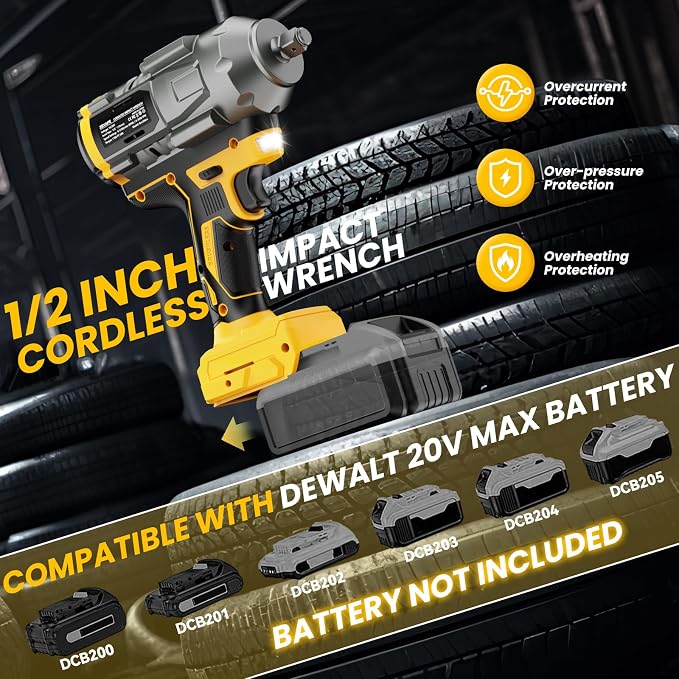 Cordless Impact Wrench 1/2 inch for Dewalt Battery, Impact Wrench 1360N.m(950Ft-lbs) High Torque Brushless Electric Impact Gun, Power Impact Driver with 3-Mode Speed, LED Work Light(no battery)