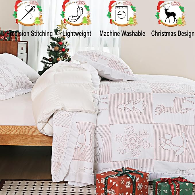 Cmfshape Christmas Embroidery Quilt Set,3 Pieces Queen Size Xmas Tree Reindeer Pattern Bedding Set,Reversible Christmas Bedspread Coverlet,Holiday Bedding(White,92"x96")