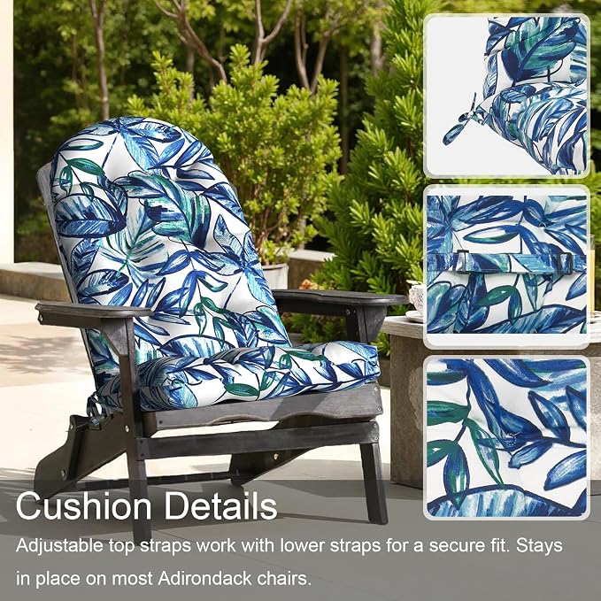 LVTXIII Outdoor Adirondack Chair Cushions, 44x19x4 Inch Non-Slip High Back Rocking Chair Cushion, Tufted Seat Cushion for Patio Furniture, Set of 2, Leaves Ink Blue