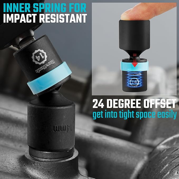 DURATECH 1/4" Drive Impact Universal Joint Socket Set, 14-Piece, 5mm-15mm | Swivel Socket Set, 360° Rotation, Metric, with 2" Extension Bars, 6-Point, Cr-Mo Steel, Organized in EVA Foam Organizer