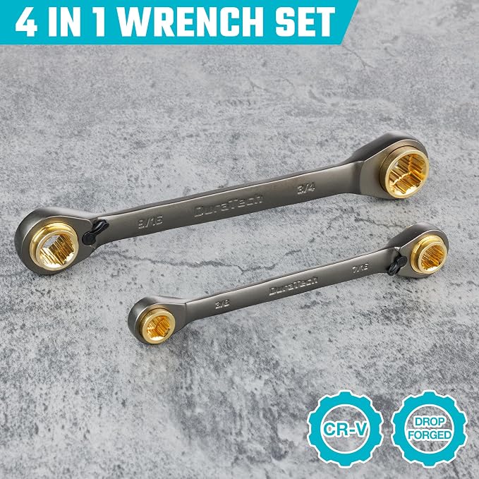 DURATECH 4-in-1 Anti-Slip Reversible Ratcheting Box Wrench Set, SAE | Double Box End, 2-Piece, 5/16", 3/8", 7/16", 1/2" & 9/16", 5/8", 11/16", 3/4", CR-V Steel, Nickel Plated, Rolling Pouch