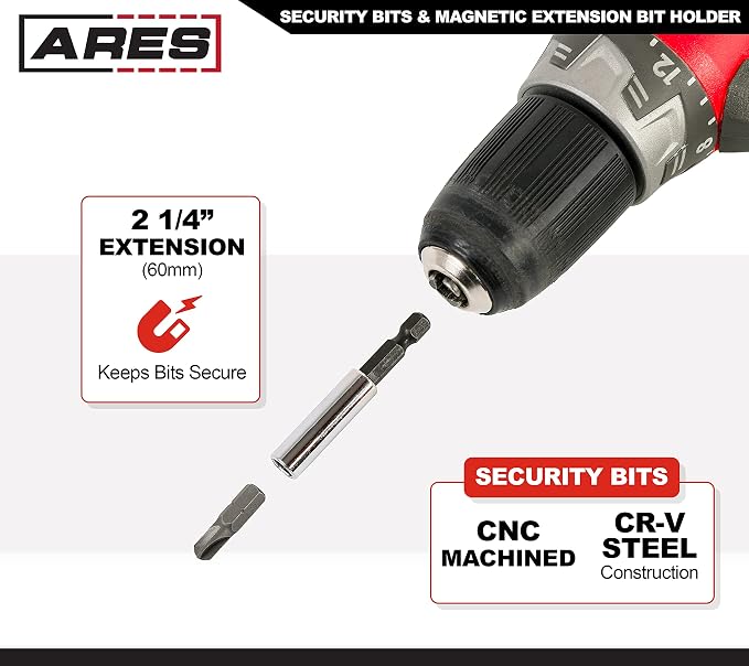 ARES 70009-33-Piece Security Bit Set with Magnetic Extension Bit Holder - Includes Tamper Resistant, SAE Hex, Metric Hex and Star Bits – Anti Tamper Bit Set Features Torq, Spanner, and Triwing Bits