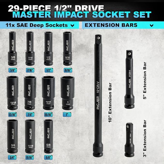 1/2" Impact Socket Set, 29PC Deep impact socket set, CR-MO SAE and Metric | 3/8-1" & 10-24mm ,6 Point, Standard & Deep Sockets with Extension Bars, High Torque, Ideal for Truck Bearing Locknut