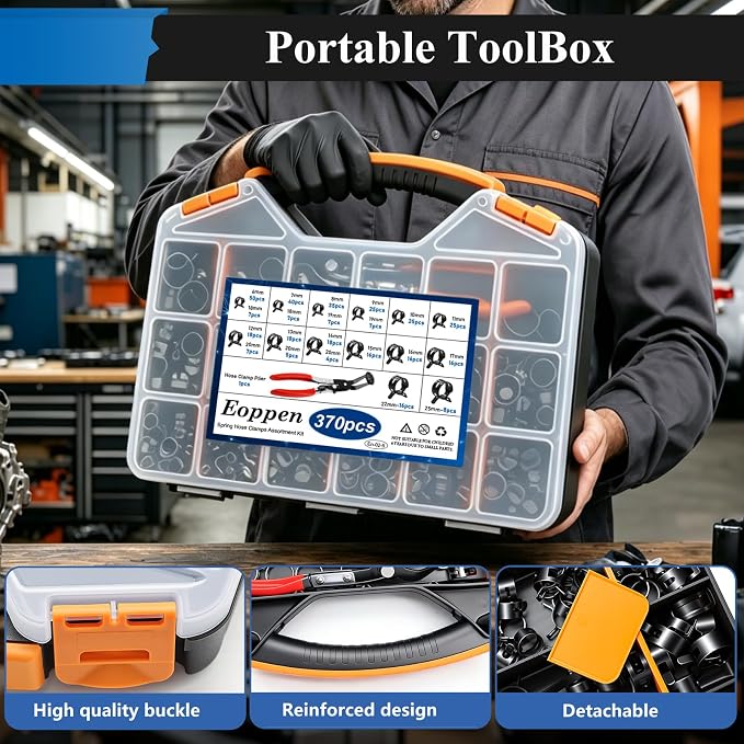 370Pcs 6-25mm Spring Hose Clamps Assortment Kit with 45° angle Hose Clamp Plier - 17 Sizes Constant Tension Hose Clamps for Fuel Line Silicone Vacuum Hose Low Pressure Air Clamps