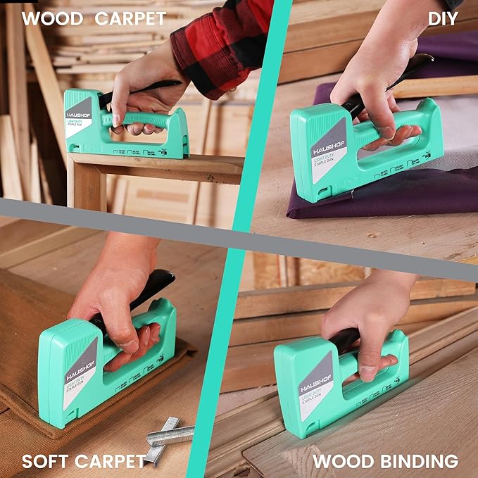 HAUSHOF Light Duty Staple Gun, Upholstery Staple Gun with 800PCS JT21 Staples and Stapler Remover, Fits JT21 Staple of 1/4'', 5/16'' & 3/8'', Used for Wood, Classroom, Crafts, DIY, Decoration (Green)