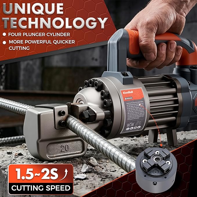 3/4" Electric Hydraulic Rebar Cutter, 1.5-2S Cutting Speed, Portable, Cuts 4-20mm #6 Rebar, 1050w, 120v/60hz. (Grey+Orange)